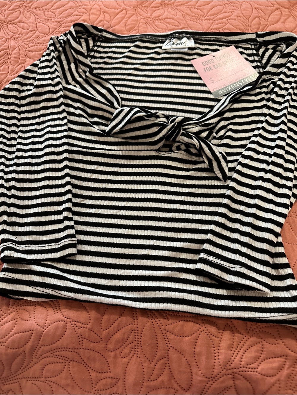 Vixen by Micheline Pitt Black & White Striped Tie-Front Crop Top